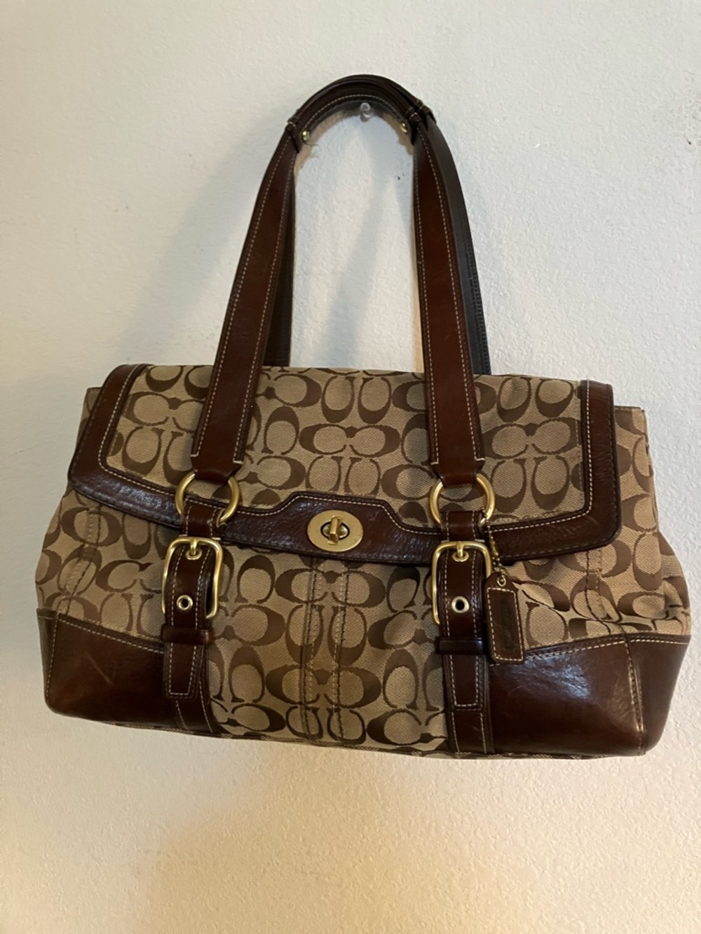 Coach Signature Canvas Tote with Brown Leather and Gold Hardware Vintage old
